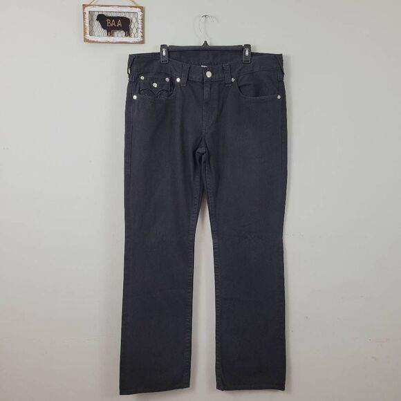 True Religion Straight Leg Black Denim Jeans Sz 38x34Flap Pockets Gray Stitch